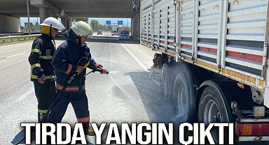 Lastiği patlayan tırda yangın çıktı