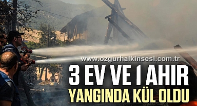 3 ev ve 1 ahır yangında kül oldu
