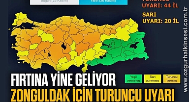 FIRTINA YİNE GELİYOR
ZONGULDAK İÇİN TURUNCU UYARI