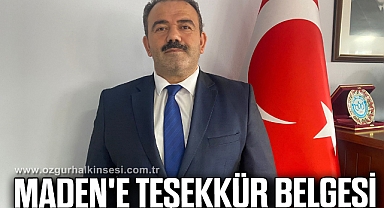 Maden'e teşekkür belgesi
