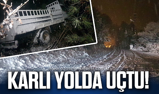Karlı yolda kontrolden çıkan kamyonet şarampole uçtu