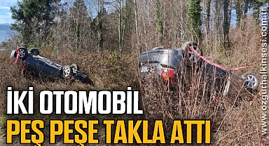 İki otomobil peş peşe takla attı