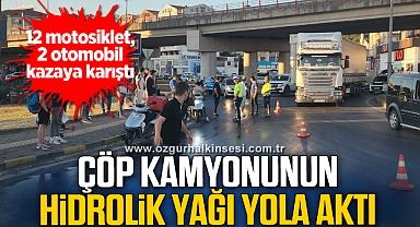 Çöp kamyonunun hidrolik yağı yola aktı