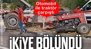 Otomobil ile çarpışan traktör Otomobil ile çarpışan traktör: 2 yaralı