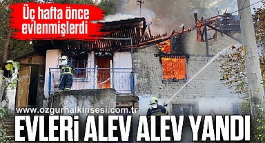 İki katlı ev alev alev yandı, yangın ormana sıçramadan söndürüldü