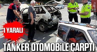 Tanker Otomobile Çarptı: 1 Yaralı
