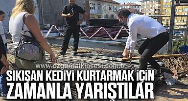 Sıkışan kediyi kurtarmak için zamanla yarıştılar