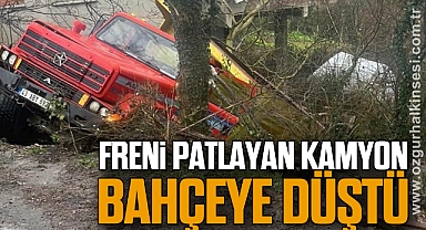 FRENİ PATLAYAN KAMYON BAHÇEYE DÜŞTÜ