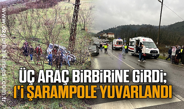 Üç araç birbirine girdi; 1'i şarampole yuvarlandı