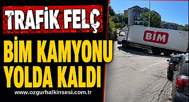 TRAFİK FELÇ: BİM KAMYONU YOLDA KALDI